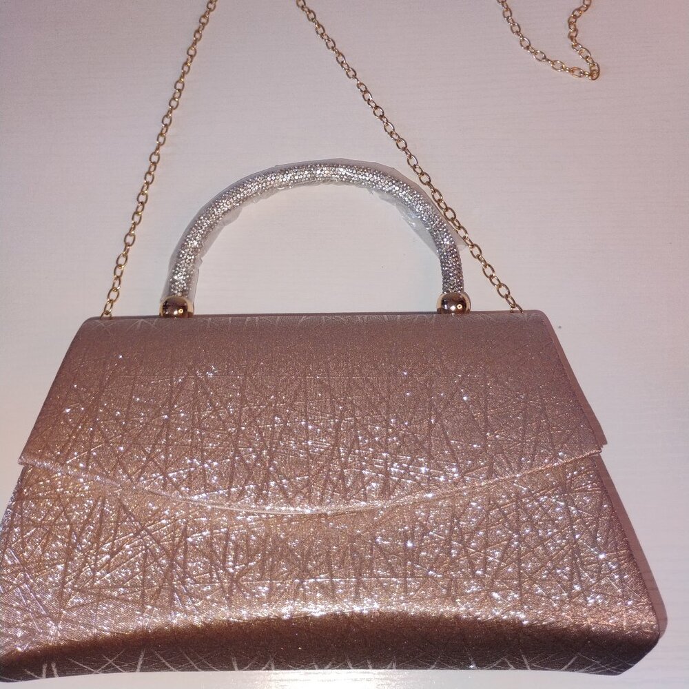 Rose Gold Glitter Crossbody Evening Bag w Rhinestone handle